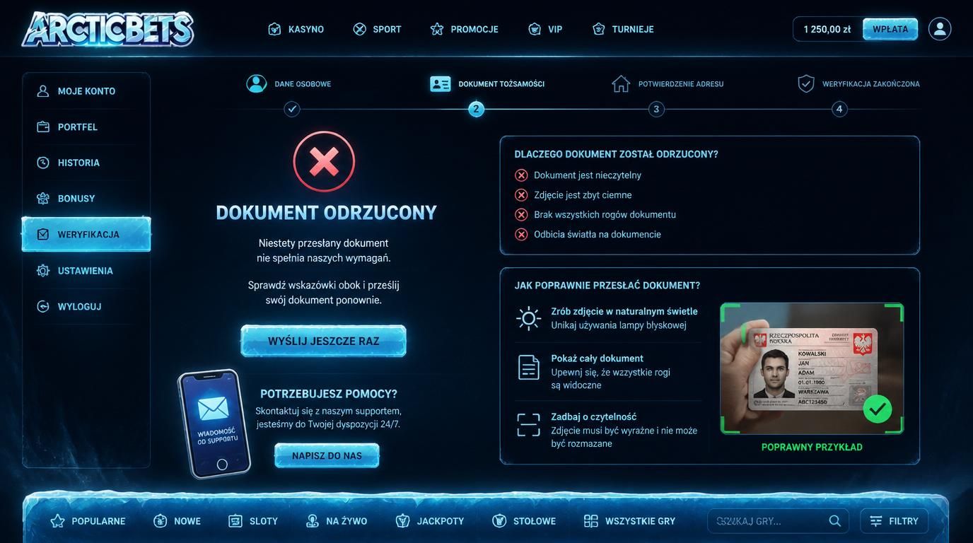 alert odrzuconej weryfikacji i informacja co poprawić