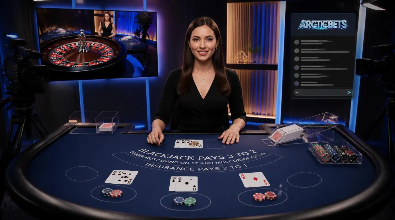 Krupier przy stole blackjacka w studiu kasyna na żywo, obok ekran z transmisją ruletki